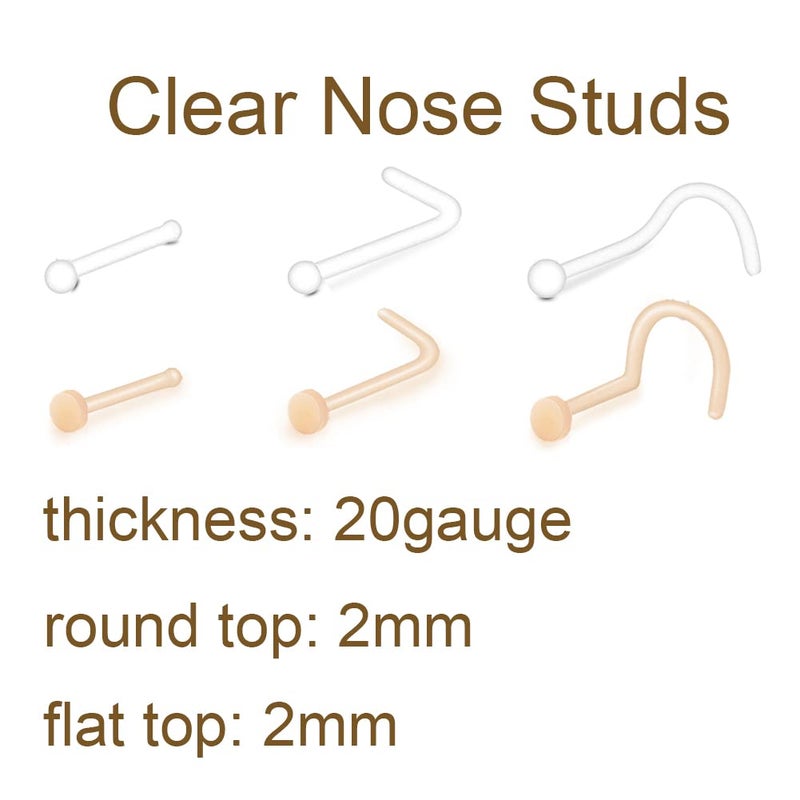 MODRSA 18g 20g Clear Nose Rings Retainer L-shaped Nose Studs Screw Flexible Flesh Skin Color CZ Gem High Nostril Pin Bone Flat Top Small Nose Piercing Retainer for Work Surgery 7mm bar - Image 2